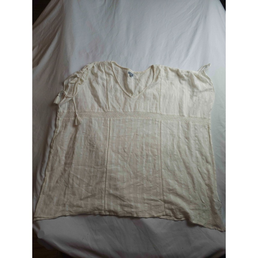 Aerie Boho Kaftan Blouse Womens Size XXS White Woven Crochet Trim Coverup Casual